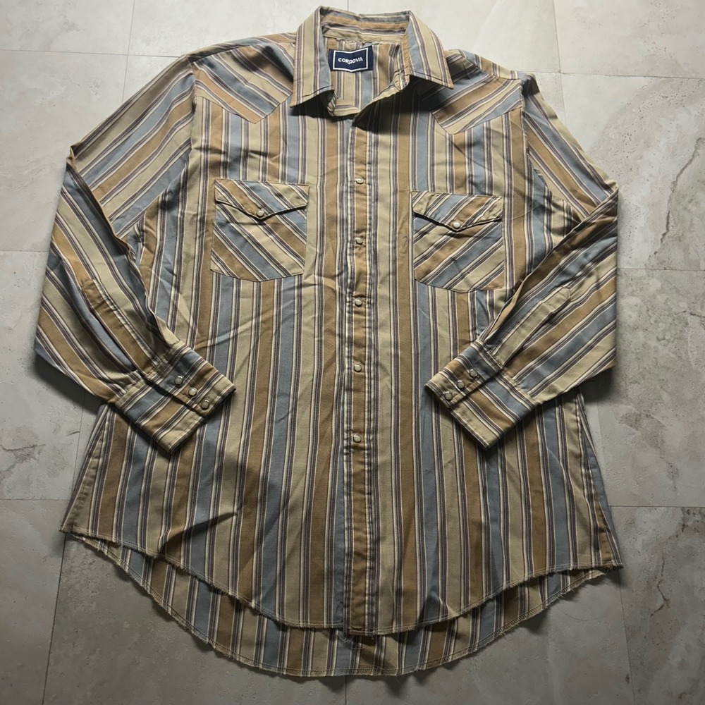 Cordova Western Pearl Snap Shirt Tan Striped Mens XL Vintage Cowboy Workwear